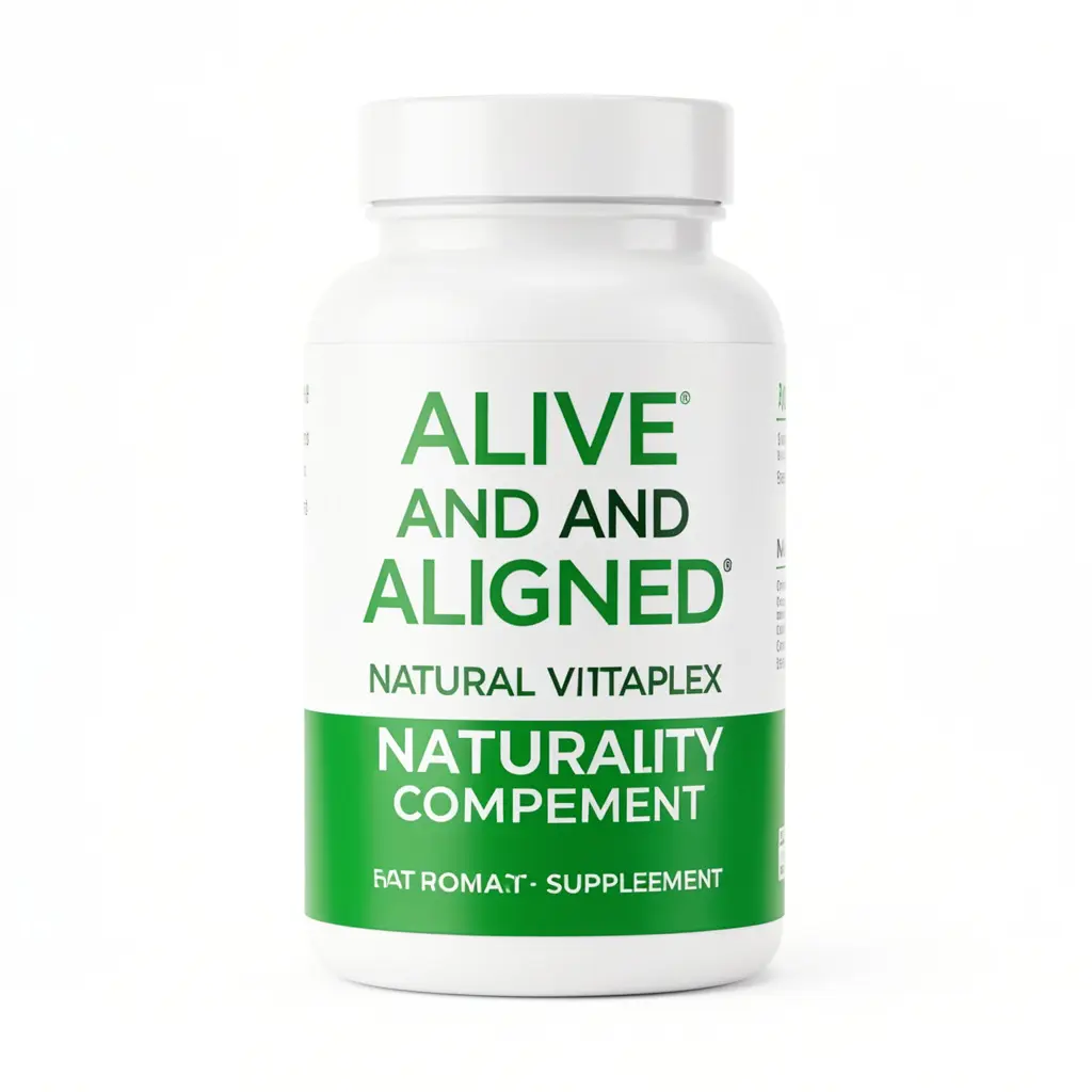 Alive and Aligned natural vitality complex supplement bottle with green label on a clean white background